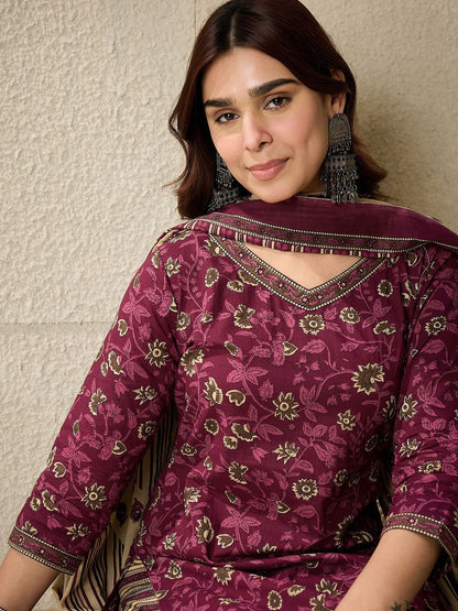Floral Printed V Neck Pure Cotton Kurta With Salwar & Dupatta