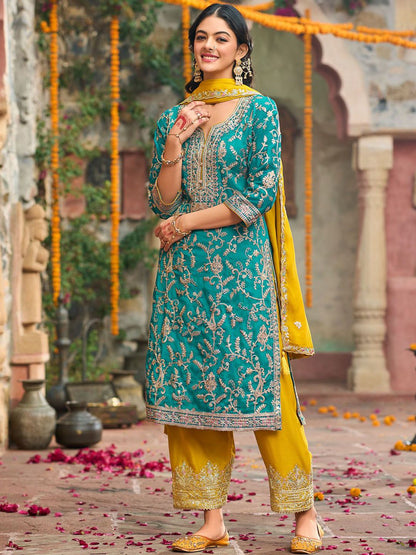Zari Ethnic Motifs Embroidered Notch Neck Straight Kurta With Trousers & Dupatta