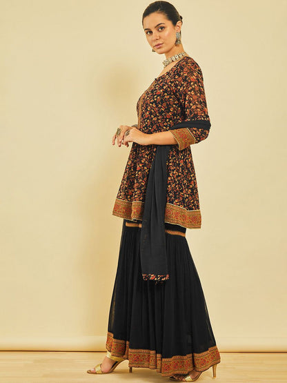 Dhiyona SO Women's Women Floral Printed Pleated Beads and Stones Kurta with Sharara & With Dupatta