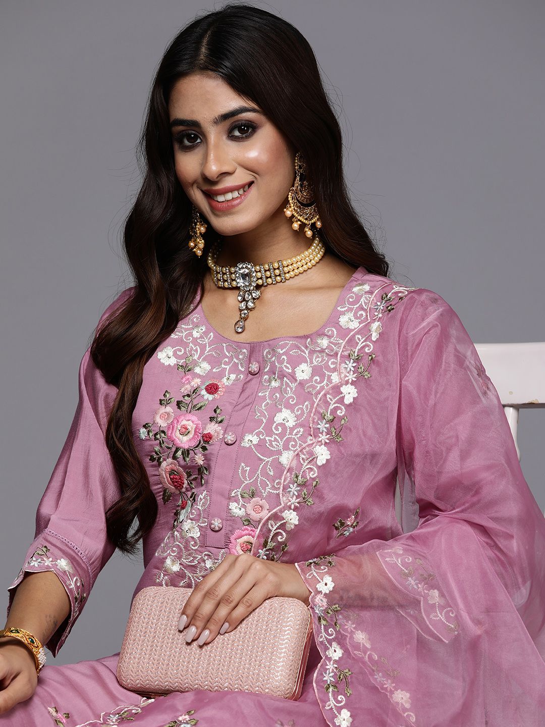 Dhiyona IE Women Floral Embroidered Regular Sequinned Kurta with Trousers & Dupatta