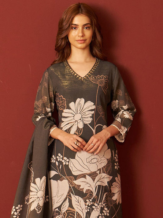 Dhiyona IE Floral Printed Beads and Stones Kurta With Trousers & \Dupatta