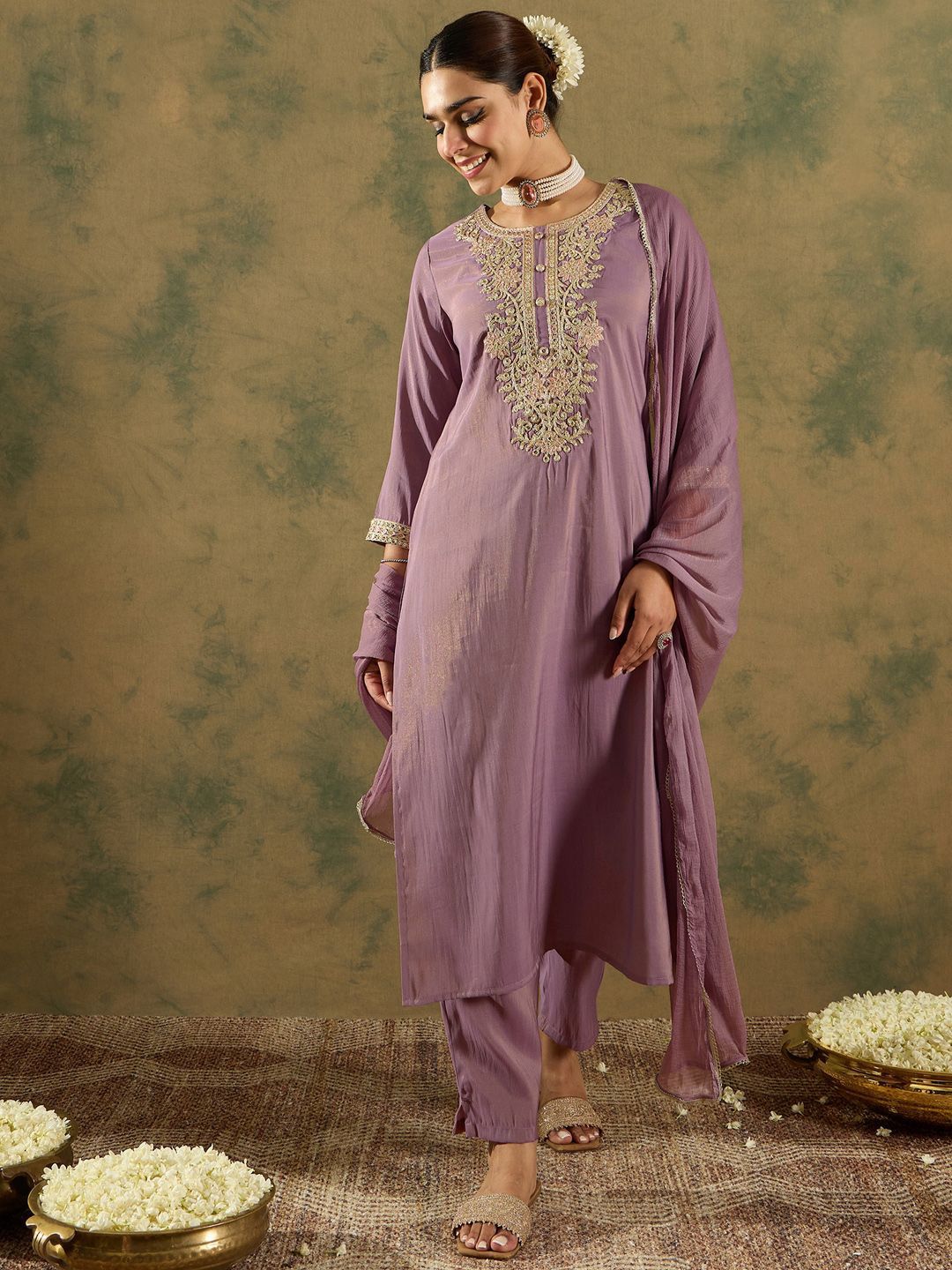 Ethnic Motifs Embroidered Regular Straight Kurta with Trousers & Dupatta