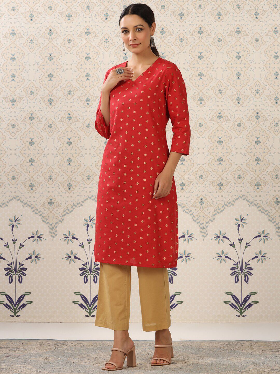 Dhiyona OD  Red & Beige Printed V Neck Pure Cotton Kurta With Palazzos