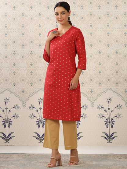 Dhiyona OD  Red & Beige Printed V Neck Pure Cotton Kurta With Palazzos