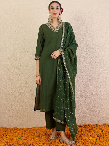 Women Ethnic Motifs Embroidered Regular Kurta with Trousers & With Dupatta