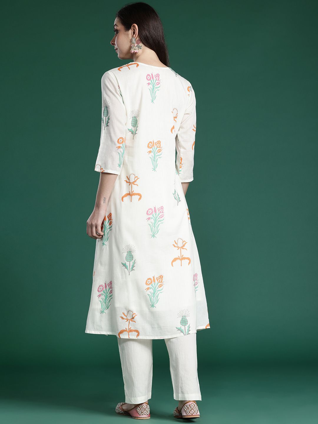 Dhiyona IE Floral Printed Pleated Pure Cotton Kurta with Trousers