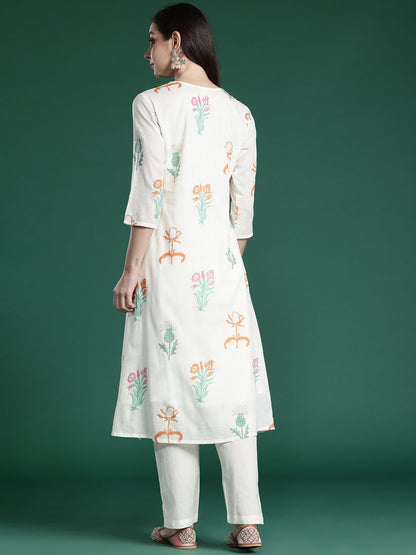 Dhiyona IE Floral Printed Pleated Pure Cotton Kurta with Trousers