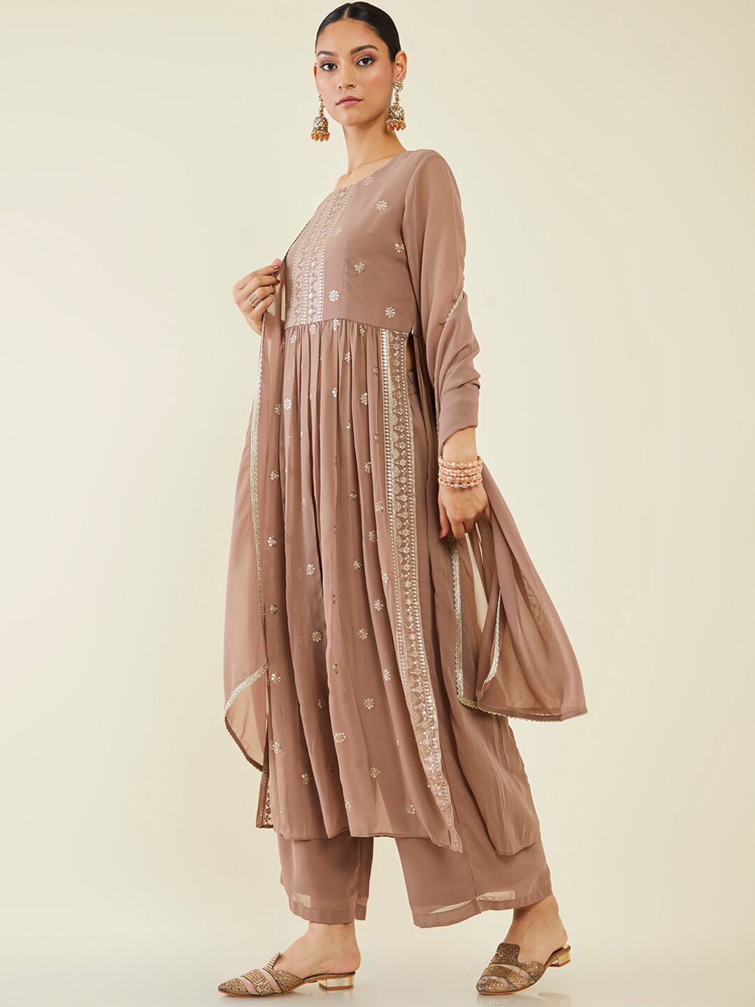 Dhiyona SO Women's Floral Embroidered Pleated Kurta with Palazzos & Dupatta