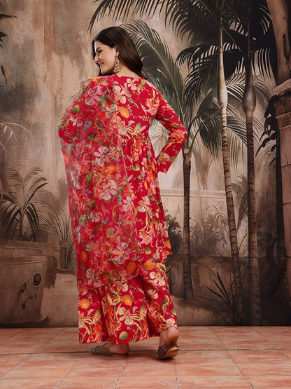 Dhiyona SN Women's Floral Print Empire Kurta with Sharara & Dupatta
