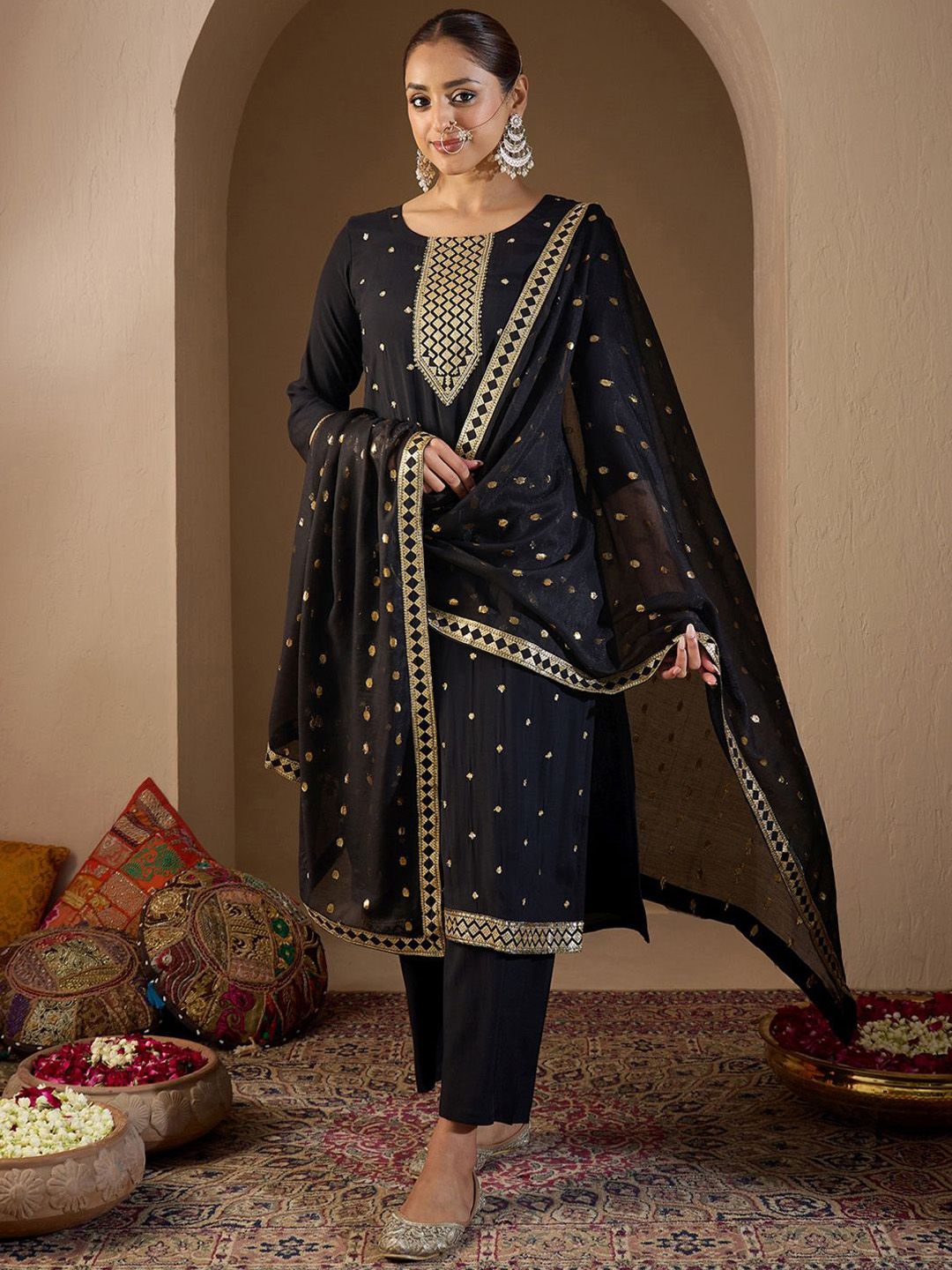 Women Ethnic Motifs Embroidered Regular Sequinned Kurta with Trousers & With Dupatta