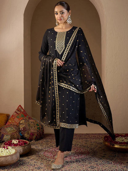 Women Ethnic Motifs Embroidered Regular Sequinned Kurta with Trousers & With Dupatta