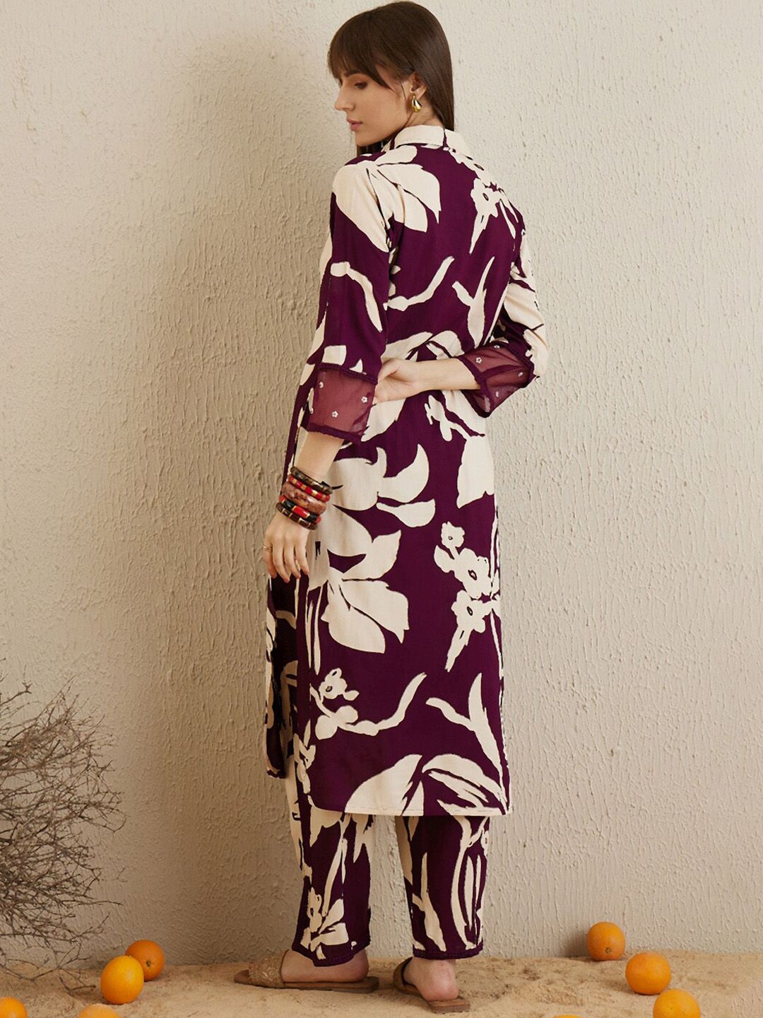 Dhiyona IE Shirt Collar Floral Printed Straight Kurta with Trouser