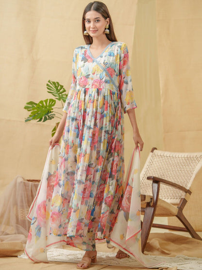 Dhiyona IS Women's V-Neck Floral Printed Angrakha Kurta with Palazzos & Dupatta