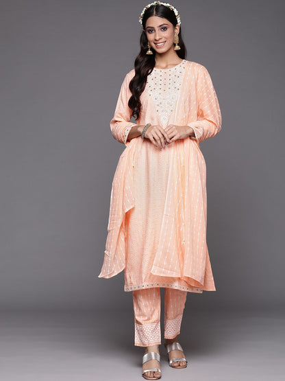 Women Peach-Coloured Floral Printed Liva Kurta with Trousers & With Dupatta