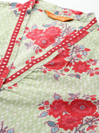 Dhiyona IE Floral Printed Mirror Work Pure Cotton Kurta with Trousers