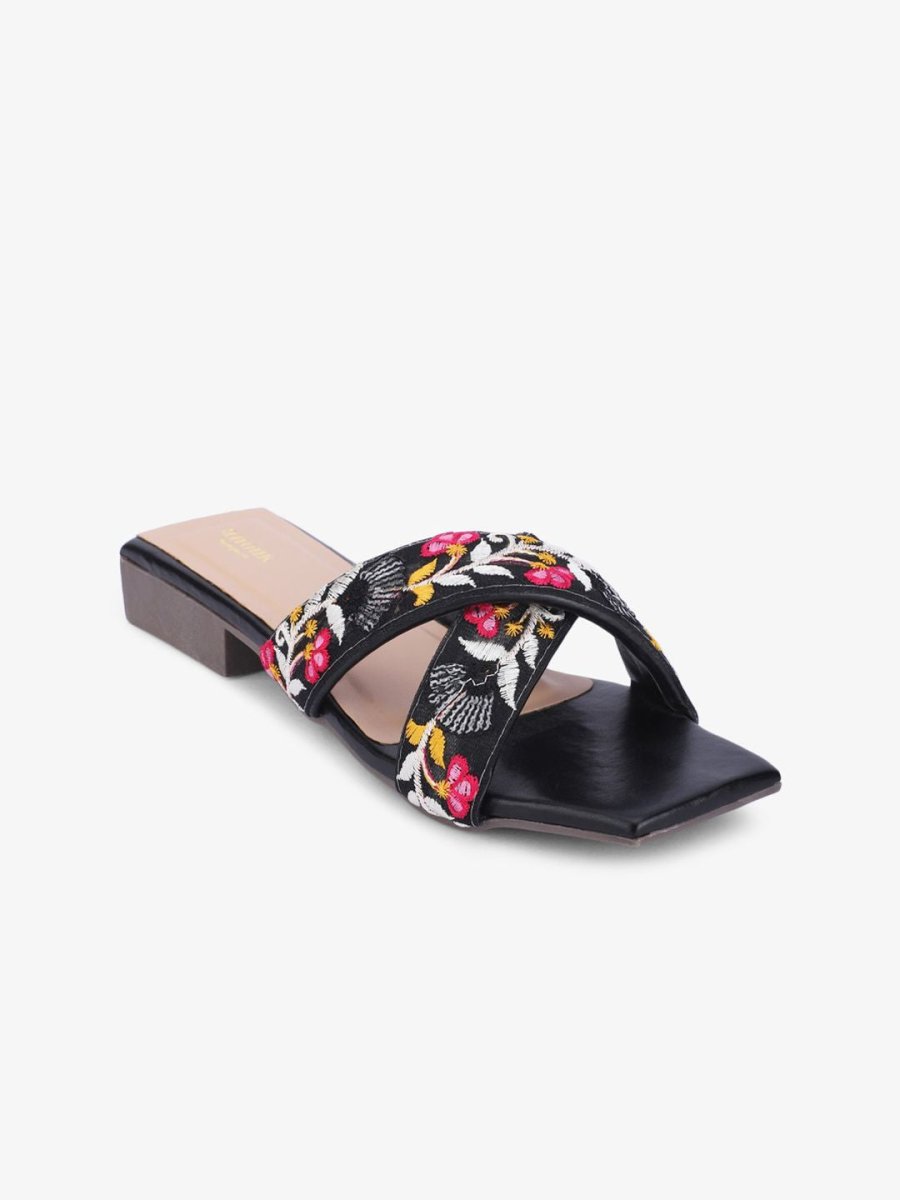 Dhiyona AK Black & Pink Embroidered Open Toe Flats