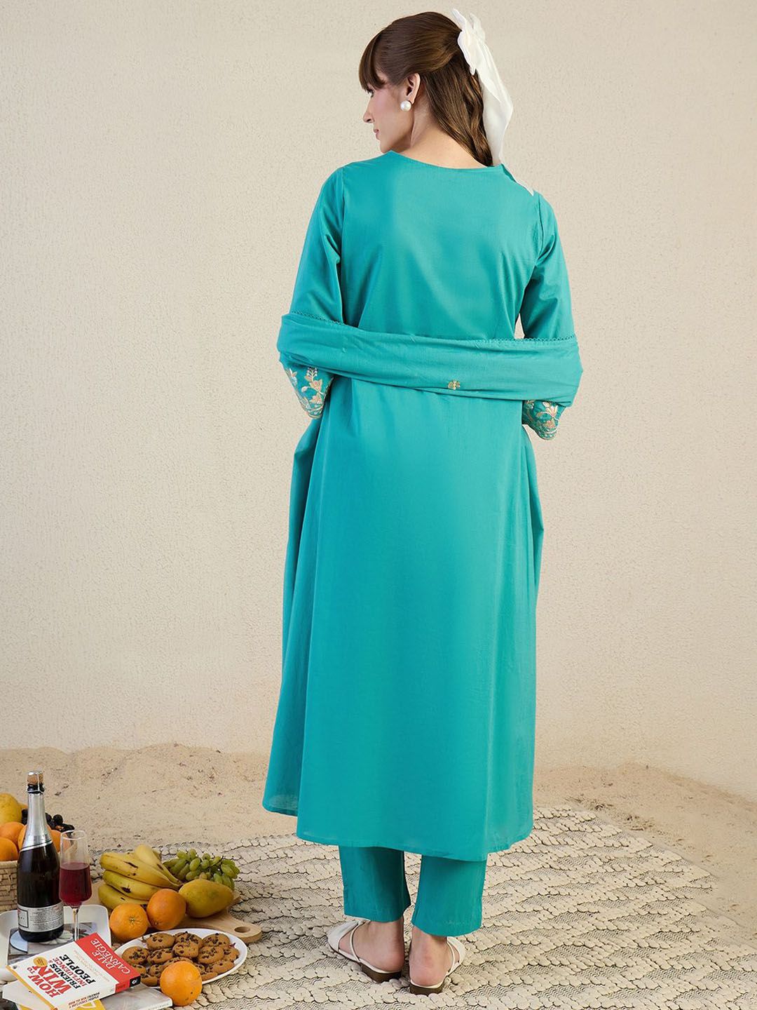Dhiyona IE Women Embroidered Beads & Stones Pure Cotton Kurta with Trousers & Dupatta