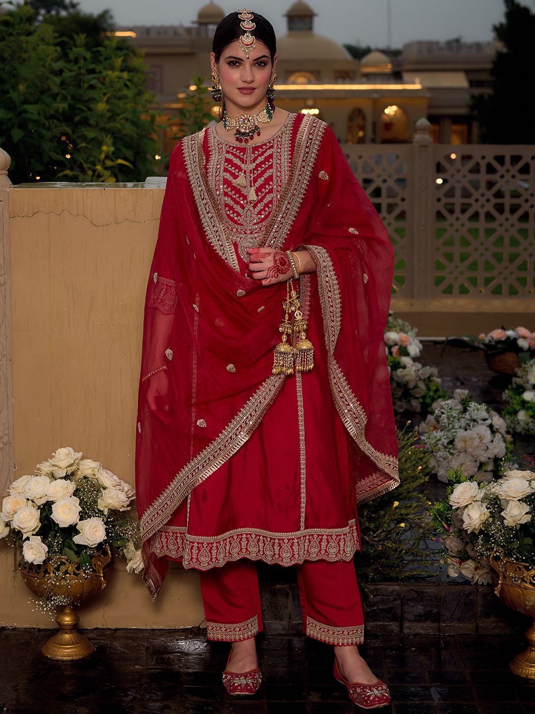 Dhiyona IE Women Ethnic Motifs Embroidered Panelled Kurta with Trousers & With Dupatta