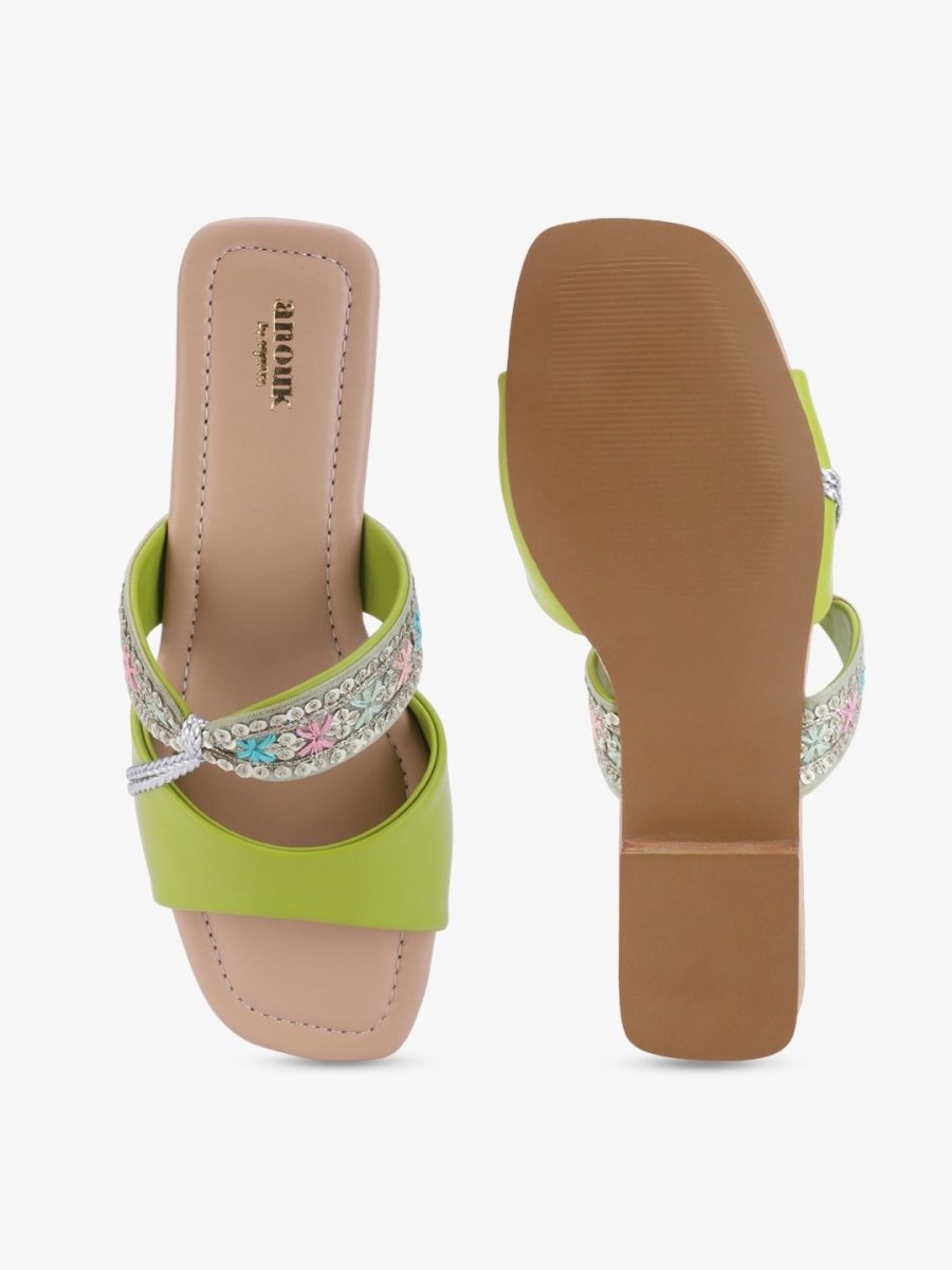 Dhiyona AK Green & Silver-Toned Embroidered Open Toe Flats