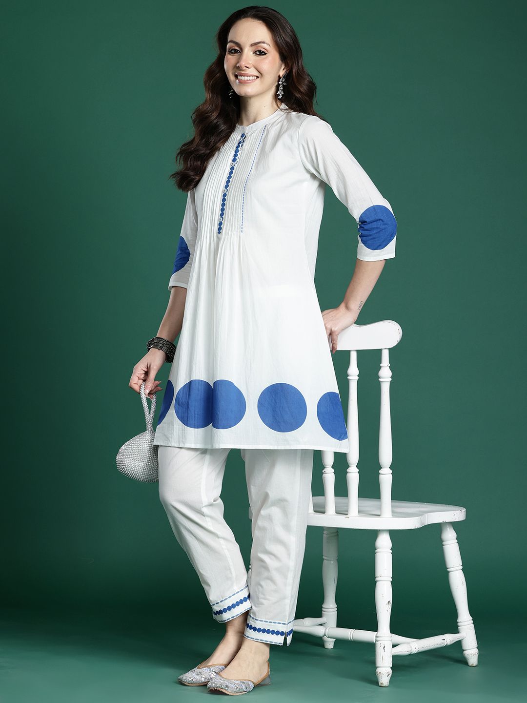 Printed PleatedPure Cotton Kurta with Trousers