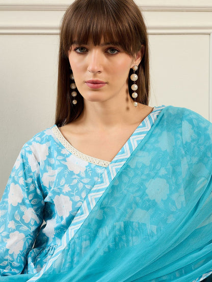 Women Floral Printed Empire Mirror Work Pure Cotton Kurta with Trousers & With Dupatta