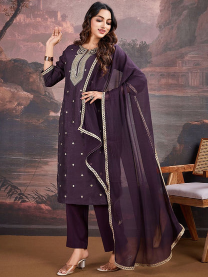 Dhiyona PD Women Ethnic Motifs Embroidered Sequinned Straight Kurta & Trouser With Dupatta