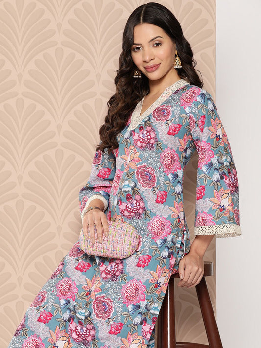 Dhiyona VA Women'sFloral Printed Regular Kurta with Trousers