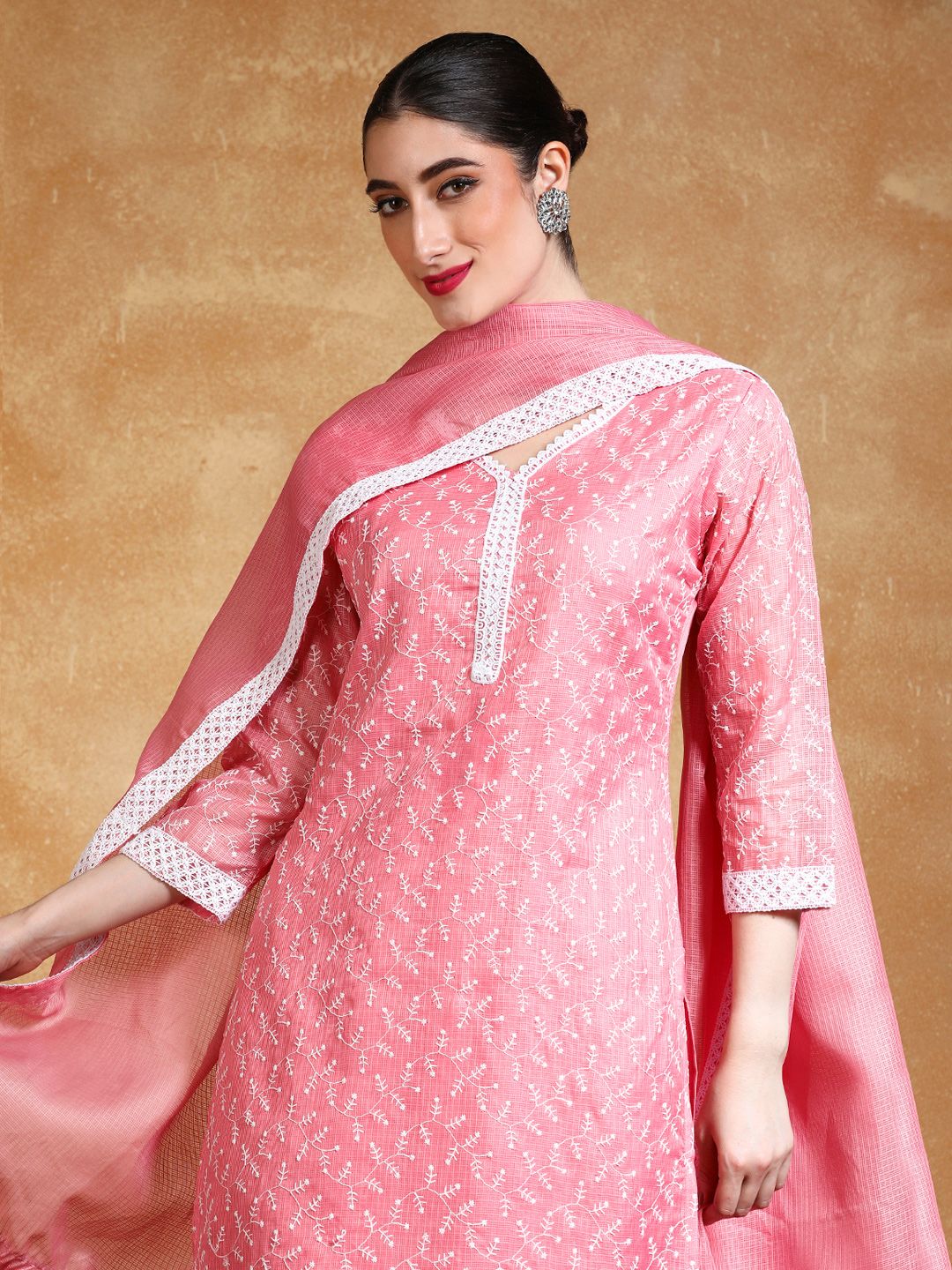 Dhiyona VA Women's Floral Embroidered Regular Thread Work Kurta with Trousers & With Dupatta