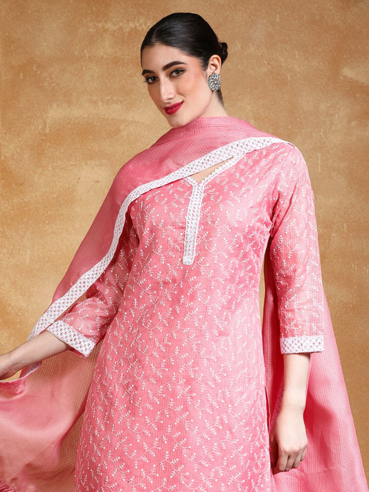 Dhiyona VA Women's Floral Embroidered Regular Thread Work Kurta with Trousers & With Dupatta