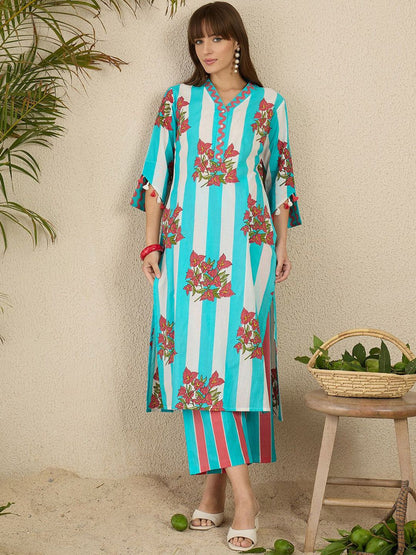 Floral Screen Printed V-Neck Pure Cotton Straight Kurta With Trousers