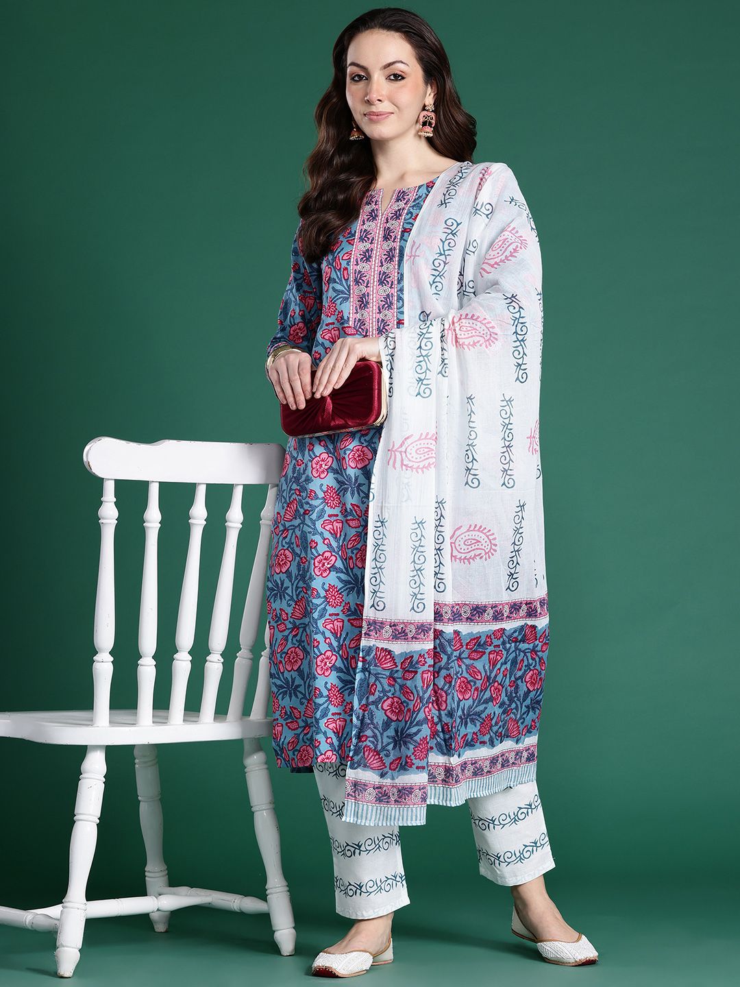 Dhiyona IE Floral Printed Pure Cotton Kurta with Trousers & With Dupatta