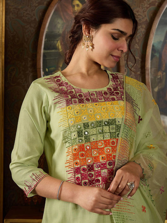 Dhiyona IE Floral Embroidered Mirror Work Straight Kurta With Trousers & Dupatta