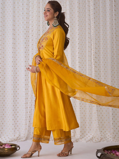 Dhiyona IE Floral Embroidered Empire Liva A-Line Kurta With Palazzo & Dupatta