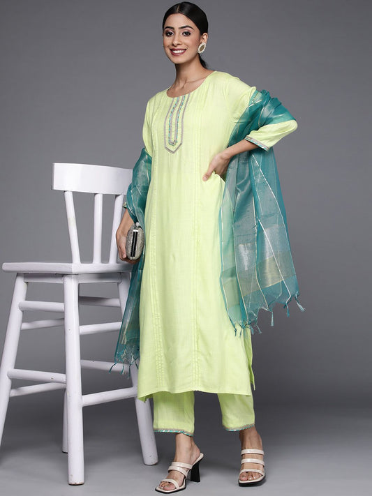 Dhiyona VA Women's Green Pleated Kurta with Trousers & Dupatta