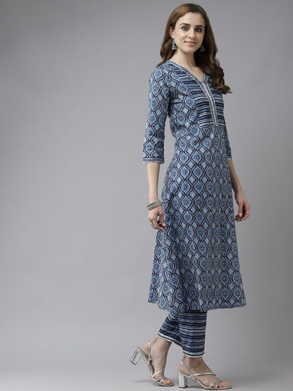 Blue & White Ethnic Print Gotta Patti A-line Kurta Trousers & Dupatta