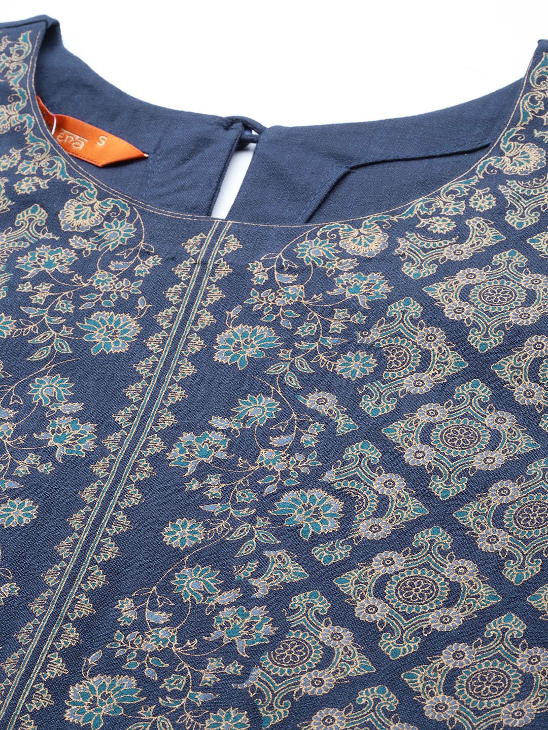 Women Navy Blue Ethnic Motifs Foil Print Sequinned Kurta with Palazzos & Dupatta