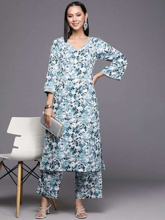 Dhiyona VA Women's Floral Printed Regular Silk Crepe Kurta with Trousers
