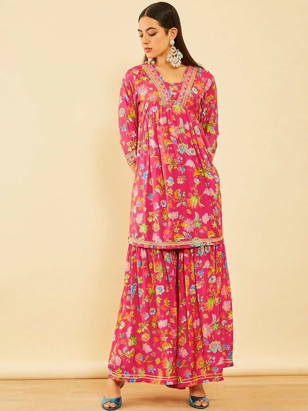Dhiyona SO Women's Floral Printed Sequinned A-Line Kurta with Sharara With Dupatta