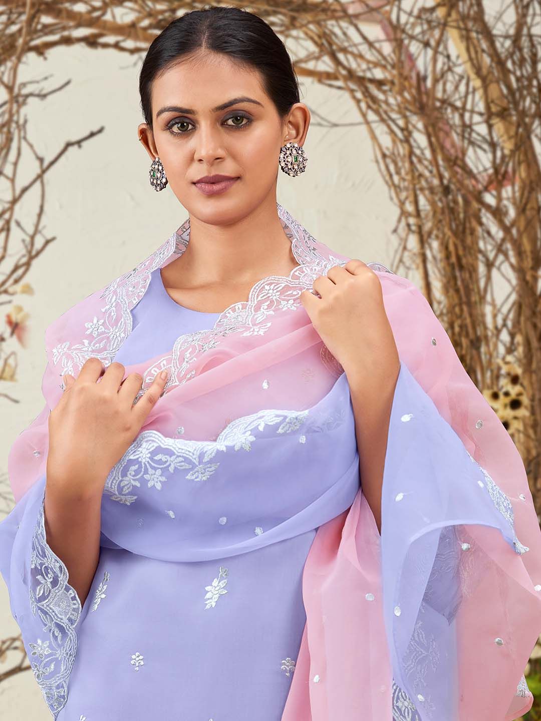 Dhiyona IE Lavender Floral Embroidered Round Neck Thread Work Kurta with Trousers & Dupatta