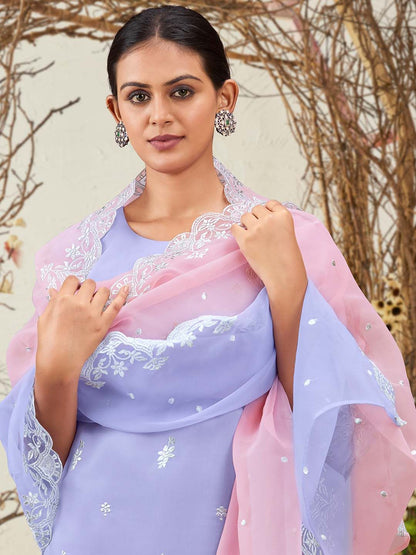Dhiyona IE Lavender Floral Embroidered Round Neck Thread Work Kurta with Trousers & Dupatta