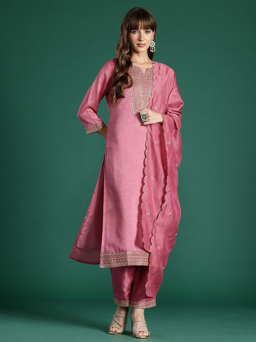 Dhiyona IE Floral Embroidered Sequinned Kurta with Trousers & With Dupatta