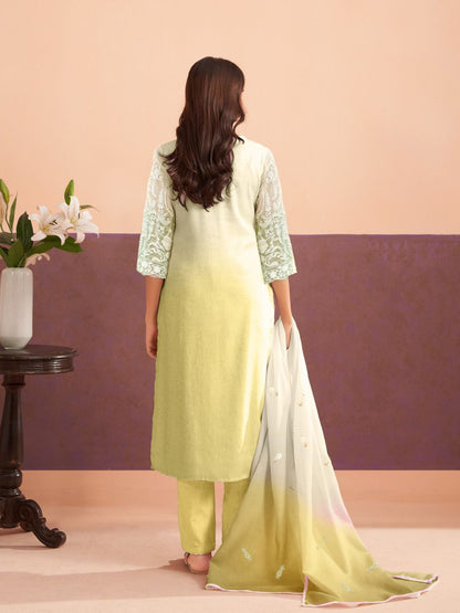 Floral Embroidered Sequinned Straight Organza Kurta With Trousers And Dupatta
