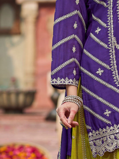 Floral Embroidered Sequinned Chinon Straight Kurta With Palazzos & Dupatta