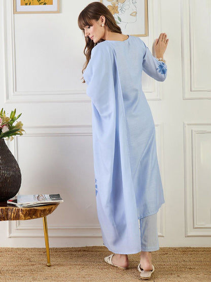 Women Floral Printed Regular Patchwork Linen Kurta with Trousers & Dupatta