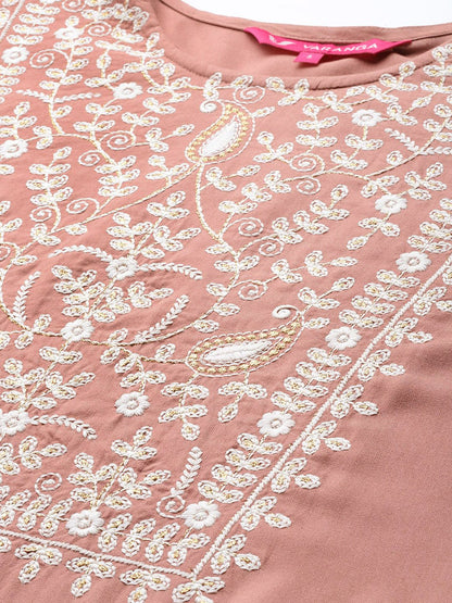 Dhiyona VA Women's Beige Thread Embroidered Pure Cotton Kurta with Trouser and Dupatta