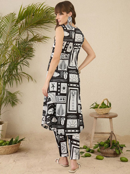 Dhiyona IE Women Geometric Printed Aline Calf Length Kurta with Trousers
