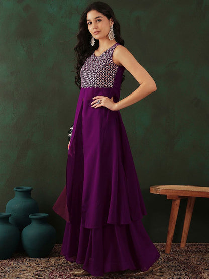 Dhiyona SN Women's Magenta Geometric Embroidered High Slit A-Line Kurta With Trouser