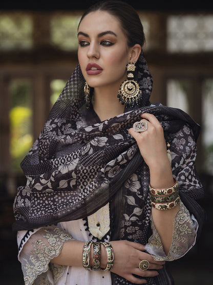 Dhiyona IE Cream-Coloured & Black Floral Embroidered Thread Work Linen Kurta Set