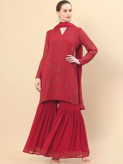 Dhiyona SO Women's Women Red Floral Embroidered Beads and Stones Kurta with Sharara & Dupatta