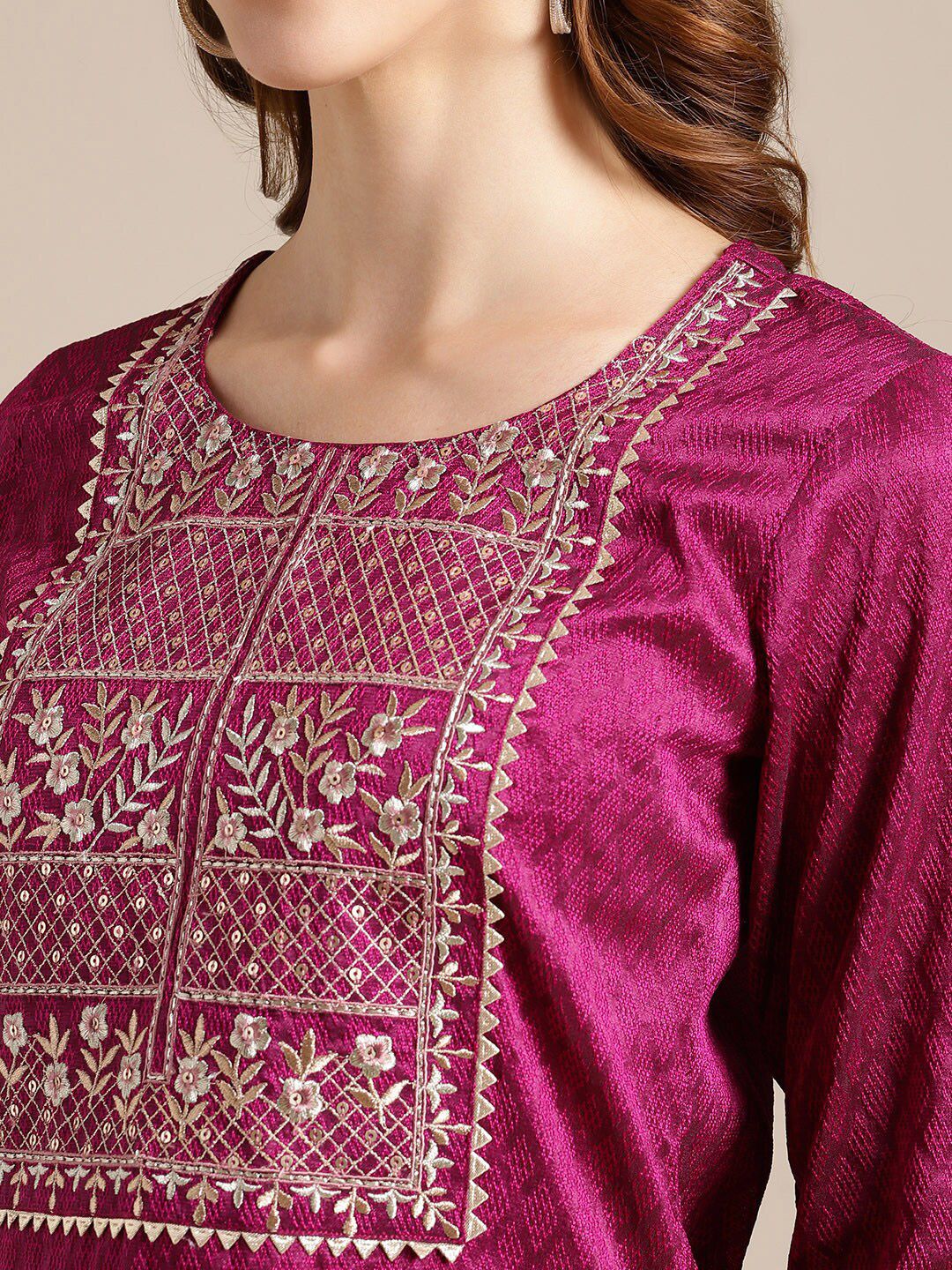 Dhiyona VA Women's Magenta Ethnic Motifs Kurta with Trousers & With Dupatta